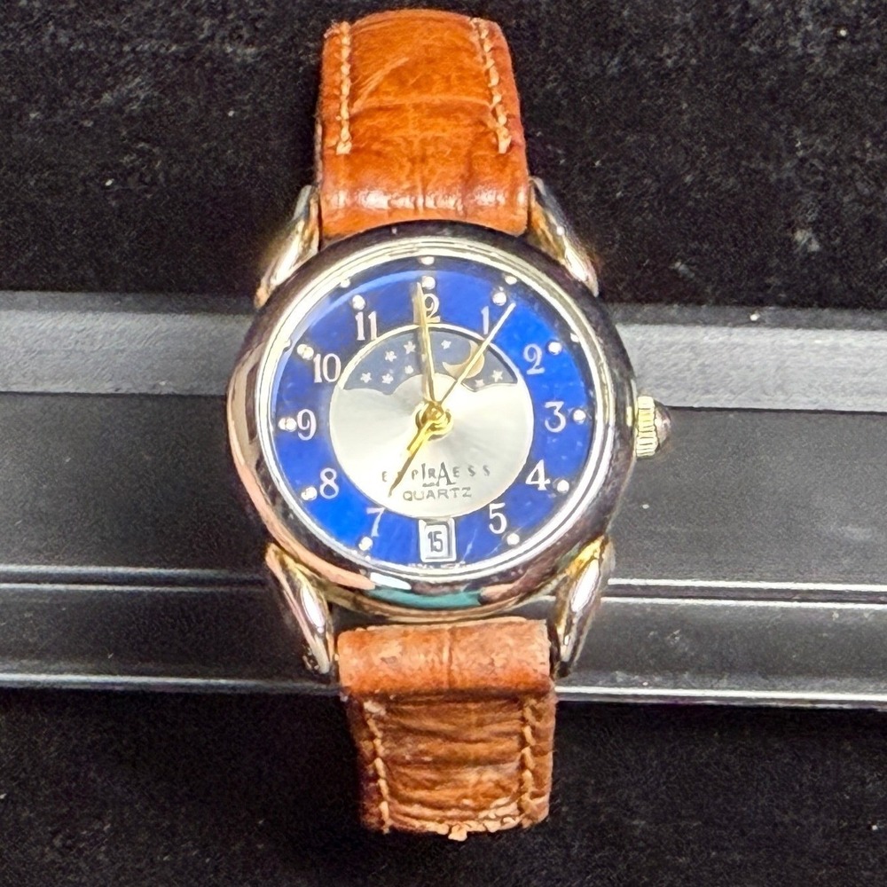 Nelsonic Express Quartz Watch: Blue Sun Moon Phase, Brown Leather, New Battery